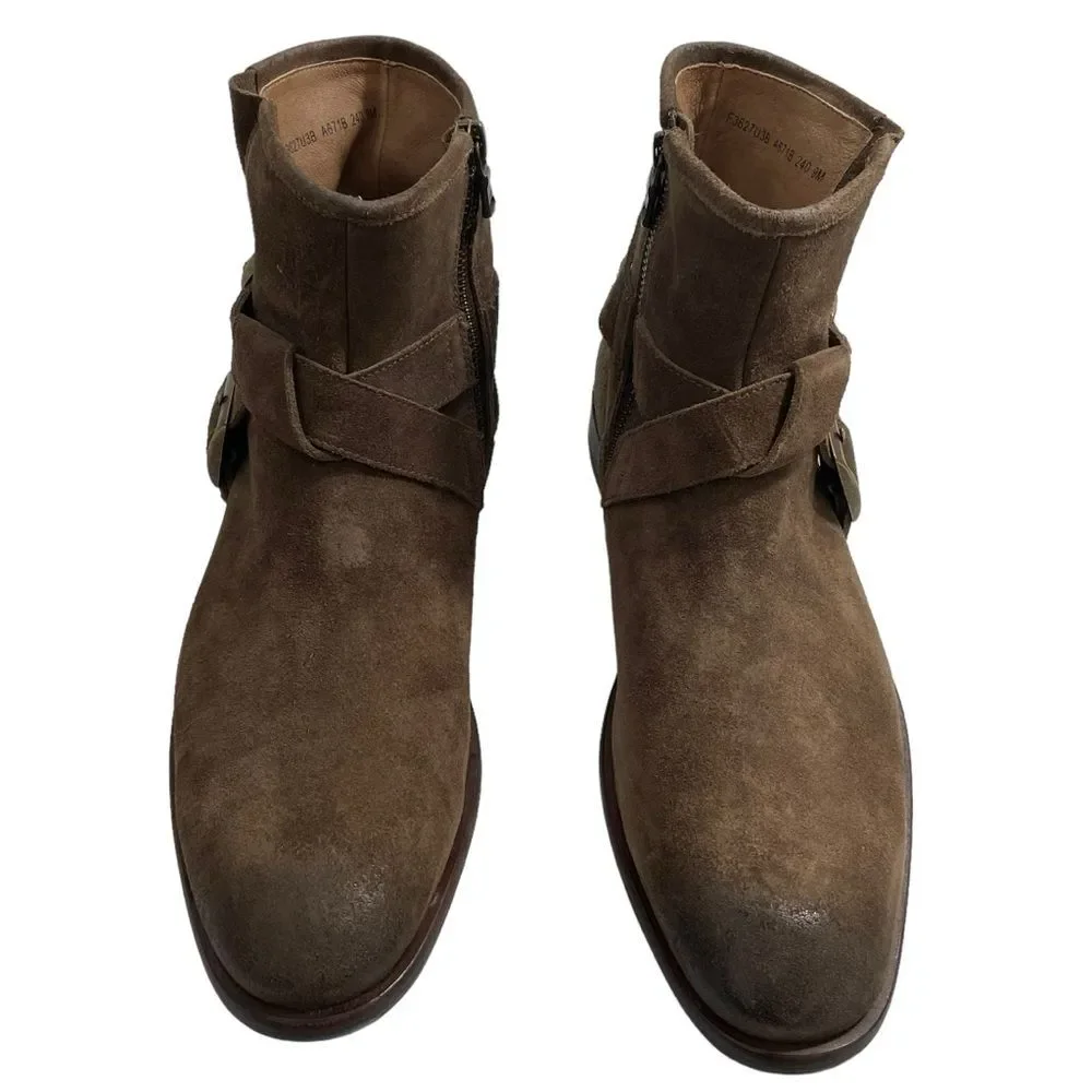 John Varvatos Taupe Brown Suede Double-Buckle Ankle Boots